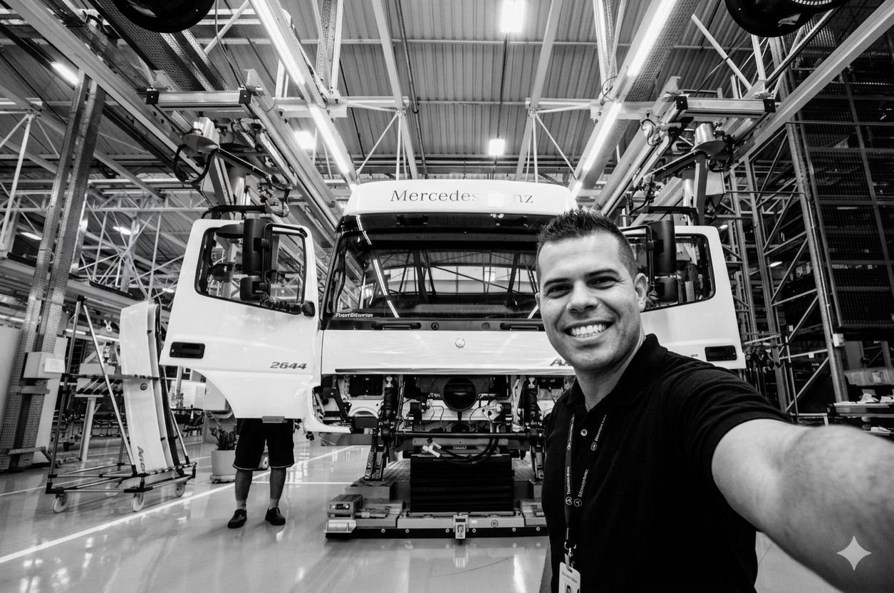 Anderson Carvalho no chão de fábrica, na produção de caminhões